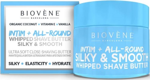 Blauer Behälter und Box mit Biovène Rasierschaum, sorgt für glatte, weiche Haut, enthält Kokos, Vitamin E, Vanille.