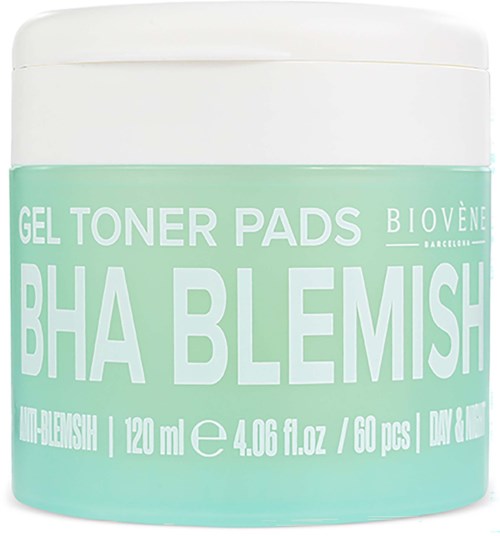 A jar of gel toner pads labeled BHA Blemish with 60 pads, 120 ml capacity, in a green and white container.