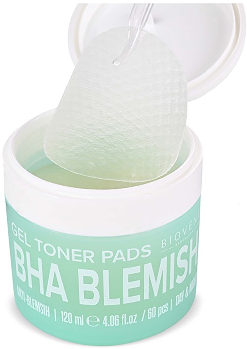 Container of gel toner pads labeled for skin blemish treatment with one pad partially lifted.
