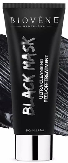 Schwarze Tube mit Silberkappe, gekennzeichnet als Reinigungs-Peel-off-Behandlung von Biovène, Barcelona.