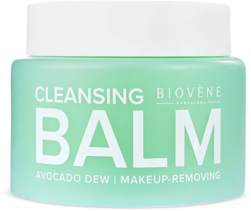 A jar of cleansing balm with avocado dew, used for makeup removal, pastel green color, white lid.