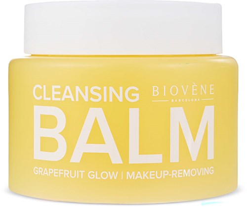 En gul burk av Biovène rengöringsbalm med vit text, inklusive ord som balm, grapefruit glow och makeup-borttagning.