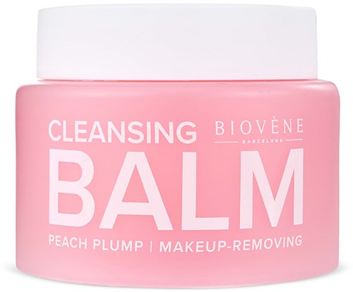 Pink jar labeled for cleansing balm, peach plum scent, removes makeup.