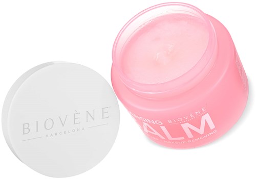 A pink jar of skincare cream with a white lid labeled Biovène. A small amount of cream is visible inside.