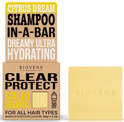A shampoo box and a soap bar, promoting clear, protective and hydrating hair care products.