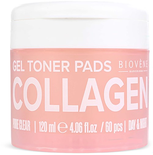 A pink container labeled gel toner pads with collagen, 120 ml, 60 pieces, made in Barcelona.