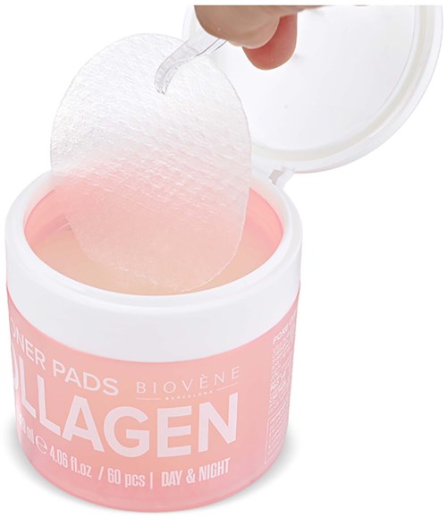 Pink container with peeling off pads, labeled collagen face masks, used for skincare day and night.