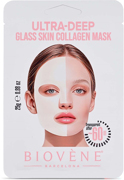 Förpackning för en ultraväldjande glashud-kollagenmask med ett kvinnligt ansikte som visar halva masken och halva naturlig hud.