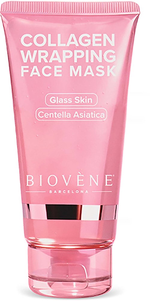 Ljus rosa tub med text om Collagen Wrapping Face Mask med ingredienser Glass Skin och Centella Asiatica från Biovène.