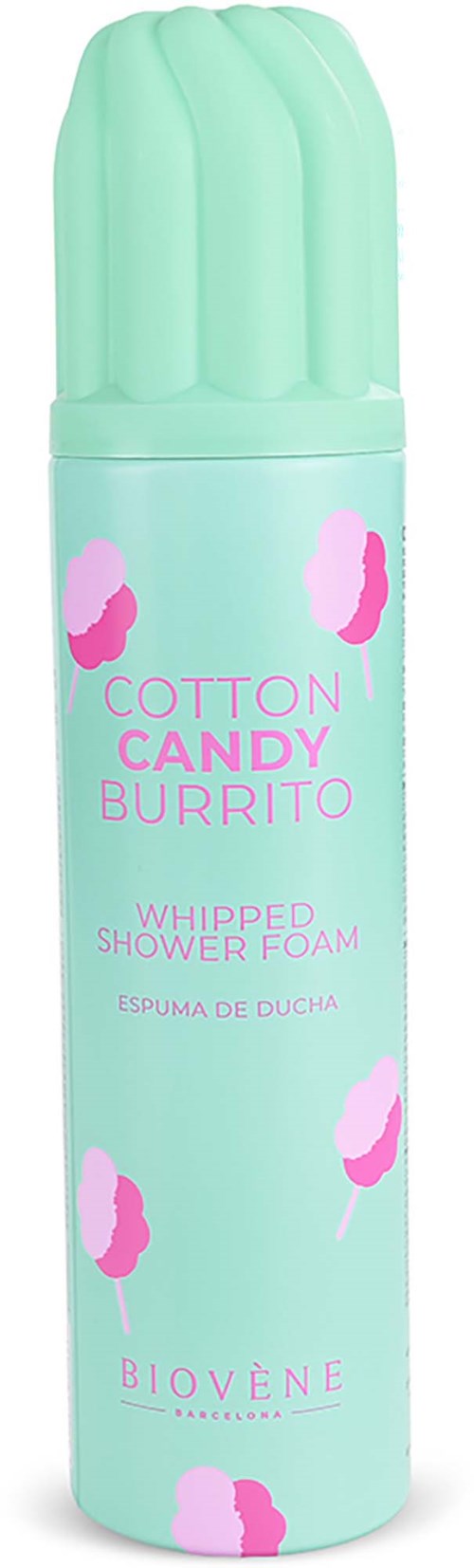 A light blue spray can with pink and purple cotton candy illustrations, labeled as whipped shower foam by Biovène.