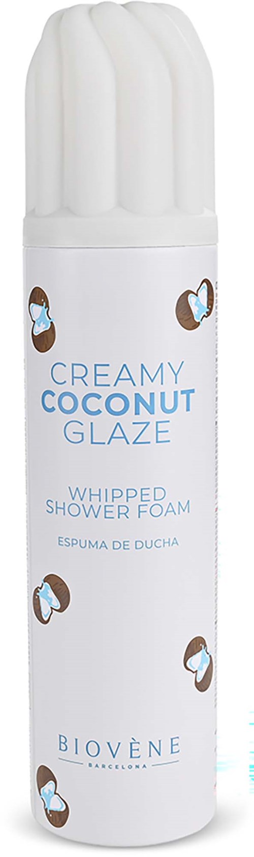 A white bottle with a cream-shaped top contains cream coconut glaze shower foam, decorated with small coconut illustrations.
