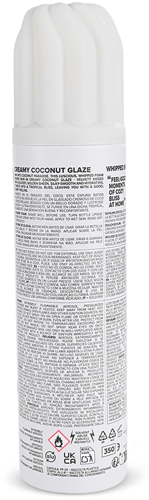 A white container with a textured top and detailed label about coconut glaze, including safety symbols and instructions.