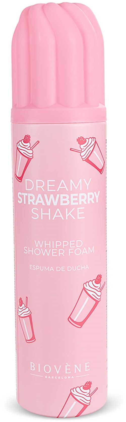 A pink can of shower foam with strawberry and ice cream cone illustrations and the words Dreamy Strawberry Shake.