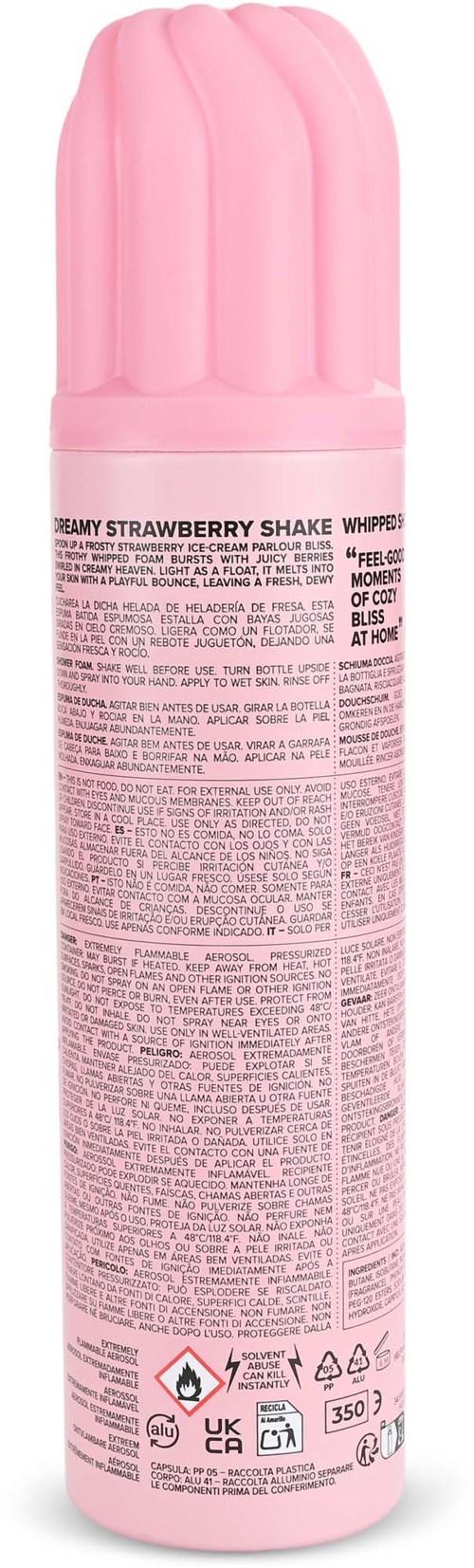A pink bottle with a rounded top and label with small text about strawberry shake. No other objects visible.