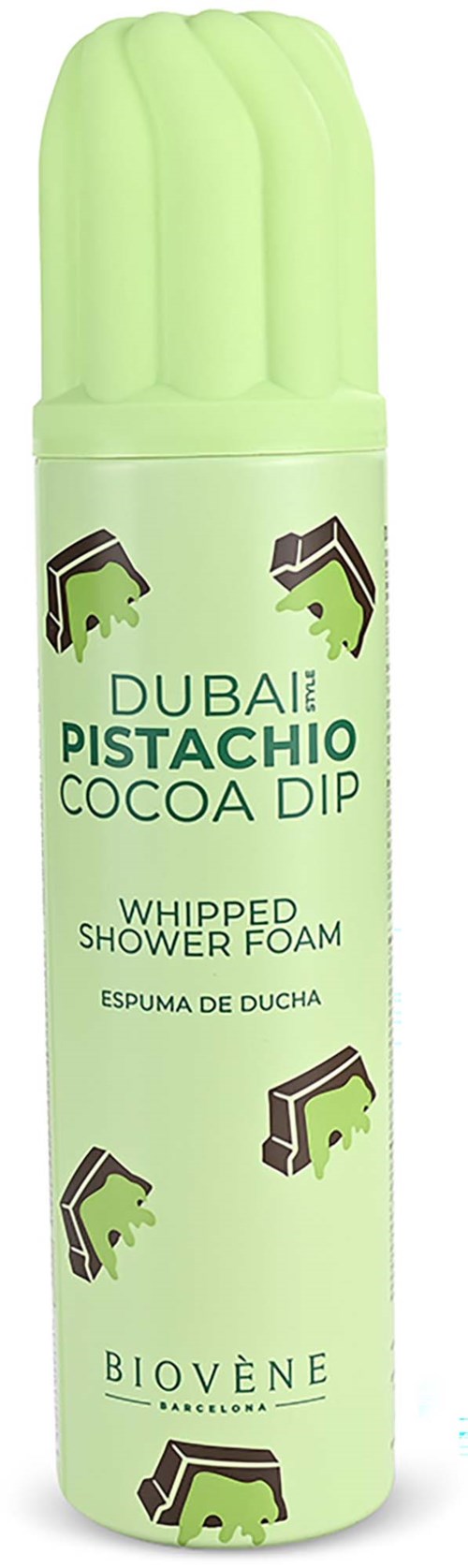 En lång, grön burk med skummande duschskum, bilder av pistagenötter och text om Dubai pistagekakao dip.