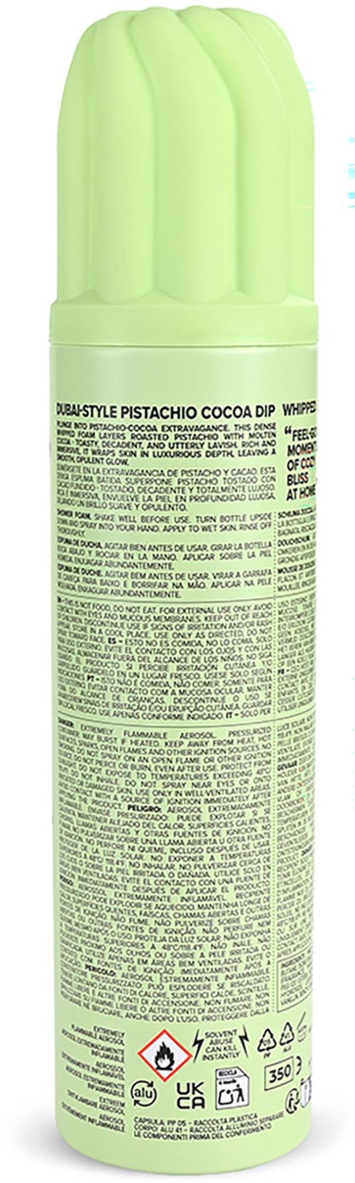 Grönt cylindriskt förpackning med mjukt, runt topp och detaljerad etikett med ingredienser och varningar.