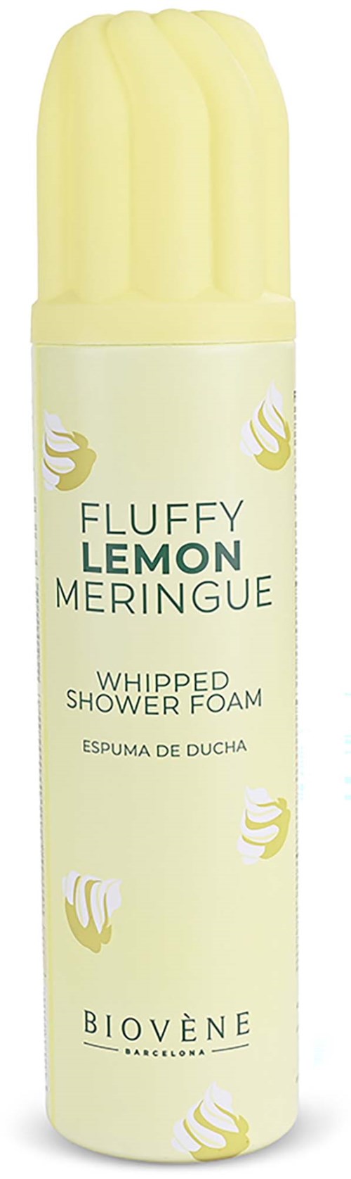 A tall bottle with a yellow cap and label, promoting whipped shower foam called Fluffy Lemon Meringue.