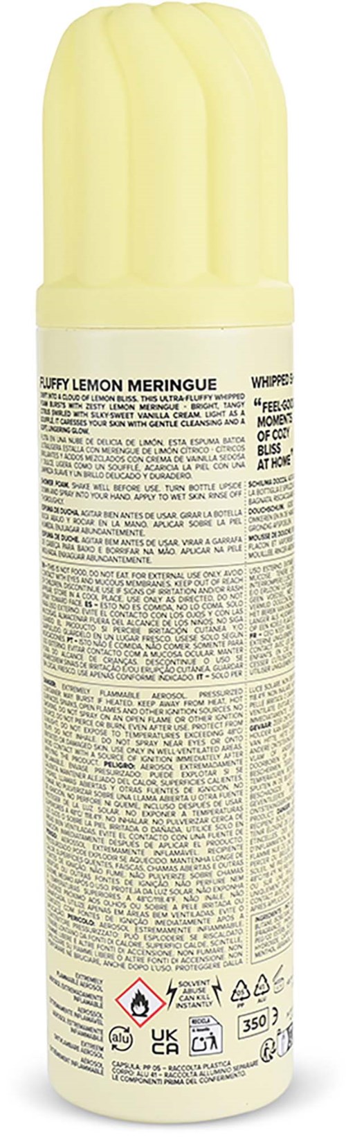 A pale yellow lip balm tube labeled fluffy lemon meringue with detailed instructions and warnings.