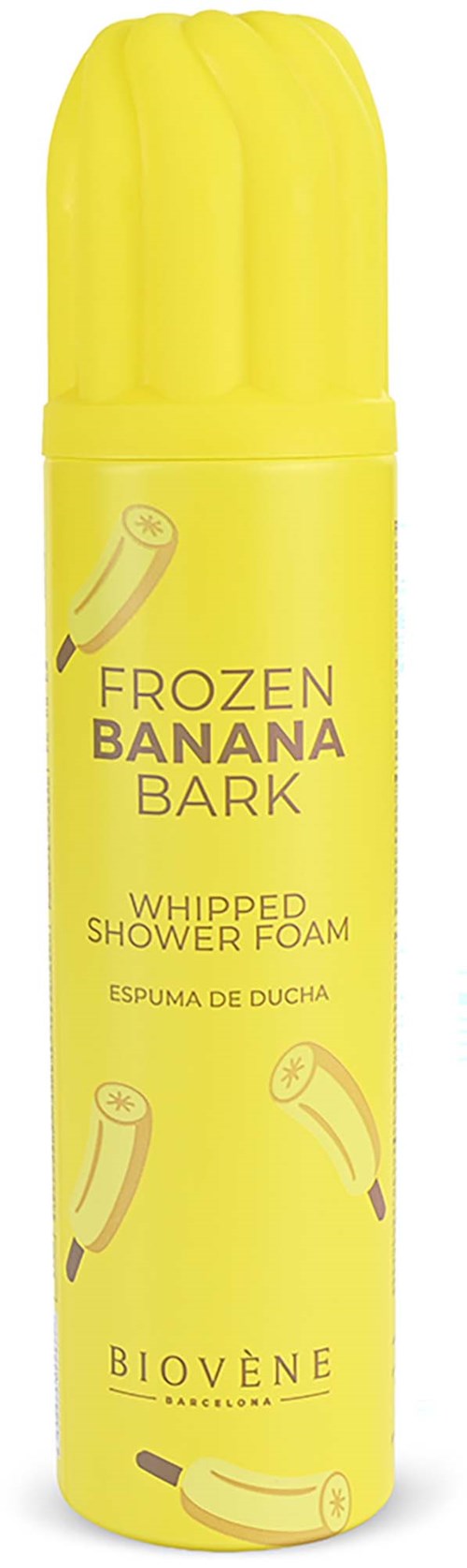 Gill flaska med bananillustrationer, märkt som frozen banana bark whipped shower foam av Biovène.