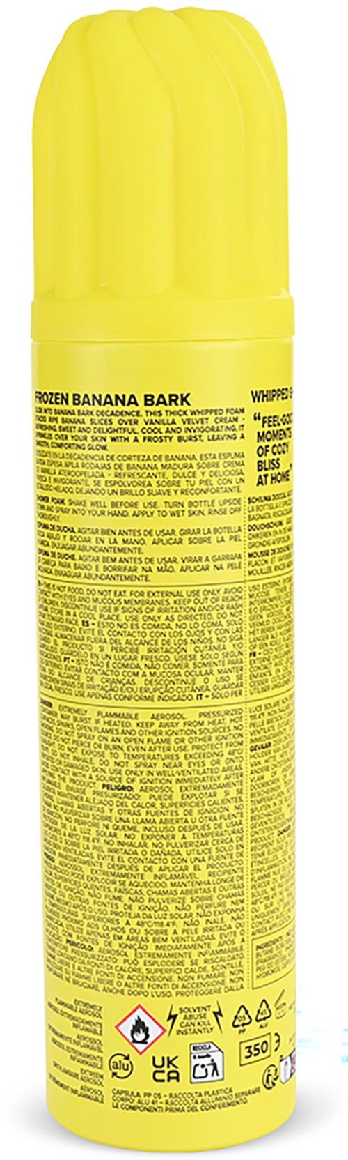 Det här är en gul behållare med lock, troligen spray eller skum, märkt Green Banana Bark. Den har många små texter och symboler.