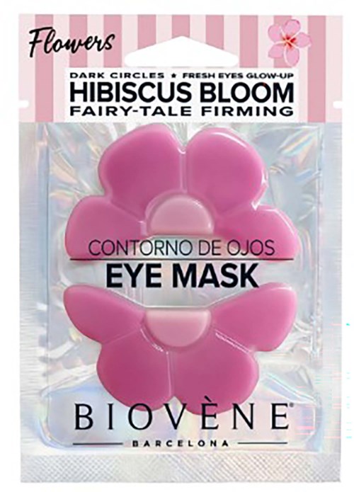 Förpackning för en rosa ögonmask med blomform, märkt för ögonkontur, med hibiskussmak och saga-liknande fasthet.