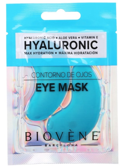 Sininen pakkaus sisältää silmämaskin hyaluronihapolla, aloe veralla ja E-vitamiinilla. Se on Biovène-merkkinen.