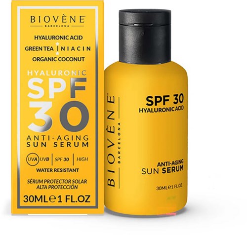 Gelbe Flasche und Verpackung mit Sonnencremelabel, erwähnt SPF 30 und Anti-Aging-Vorteile.
