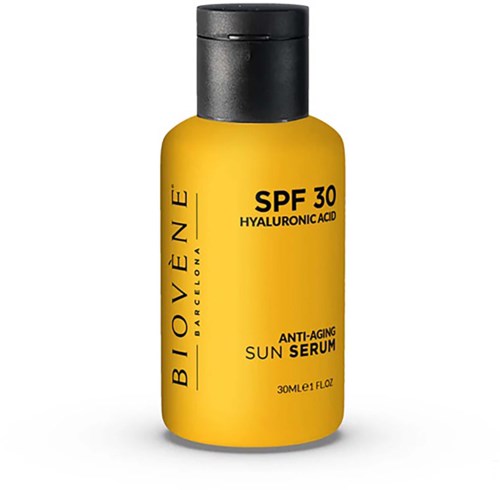 Eine gelbe Flasche mit Anti-Aging-Sonnenscheinserum mit SPF 30 und Hyaluronsäure.