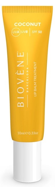 Keltainen huulivoideputeli SPF 50 ja kookossmaku, merkki Biovène, UV-suoja, 10ml.
