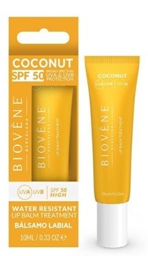 Keltainen putki ja rasia kookoksentuoksulla, SPF 50, vettä hylkivä, huulille, suojaava ja kosteuttava.