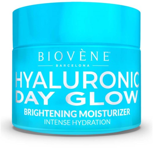 Blaue Dose von Biovène Hyaluronic Day Glow für Aufhellung und Hydration.