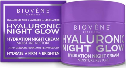 Lila Behälter für Biovène Hyaluronic Night Glow Creme, mit Verpackung, die Produktdetails anzeigt.