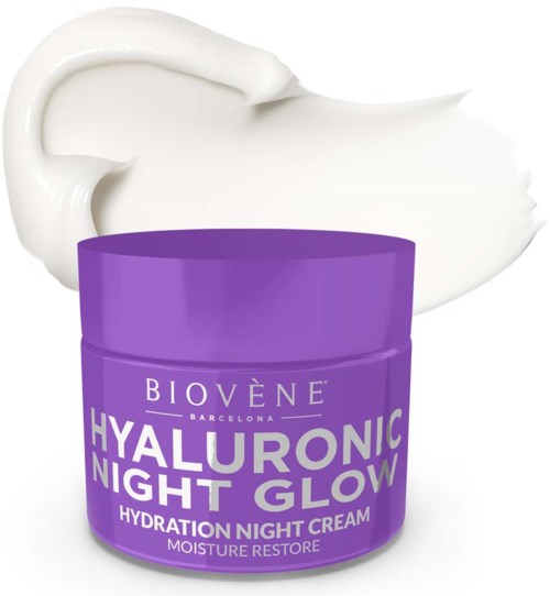 Lila Dose mit Biovène Hyaluronic Night Glow, weiße Creme oben.