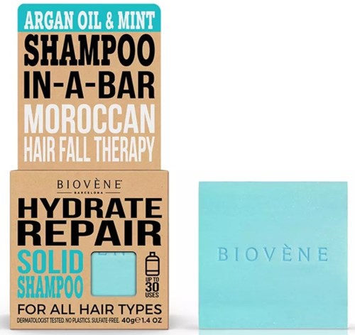 A box of Moroccan hair fall therapy solid shampoo with argan oil and mint, and a light blue Biovène box.