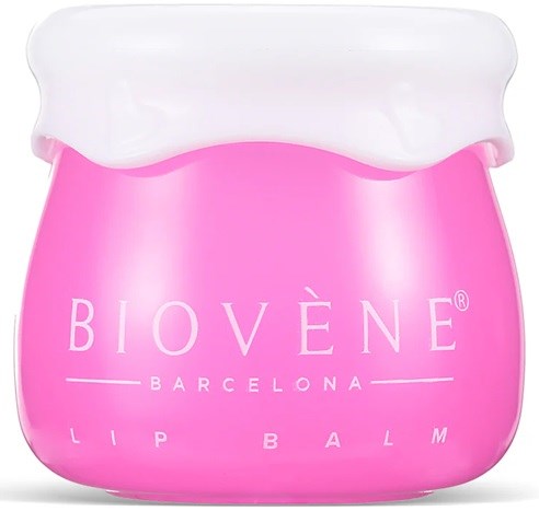 Pink jar of lip balm with white lid, labeled 'Biovène Barcelona Lip Balm'.