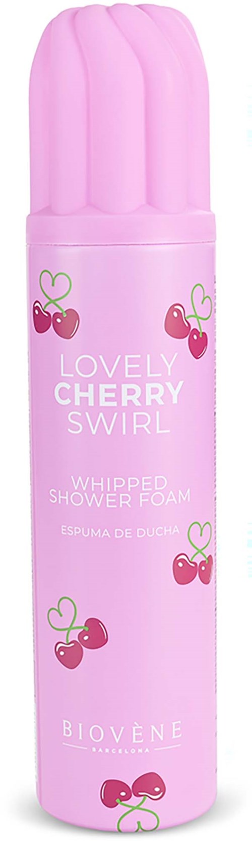 En rosa dusjskum-kanskje med kirsebær- og bånddesign, merket Lovely Cherry Swirl av Biovene.