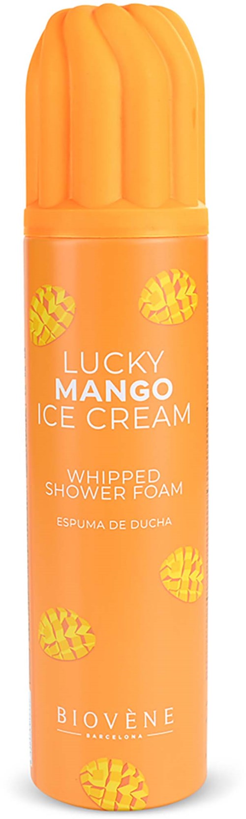 A bright orange shower foam can with mango flavor and illustrations of mango slices on it.