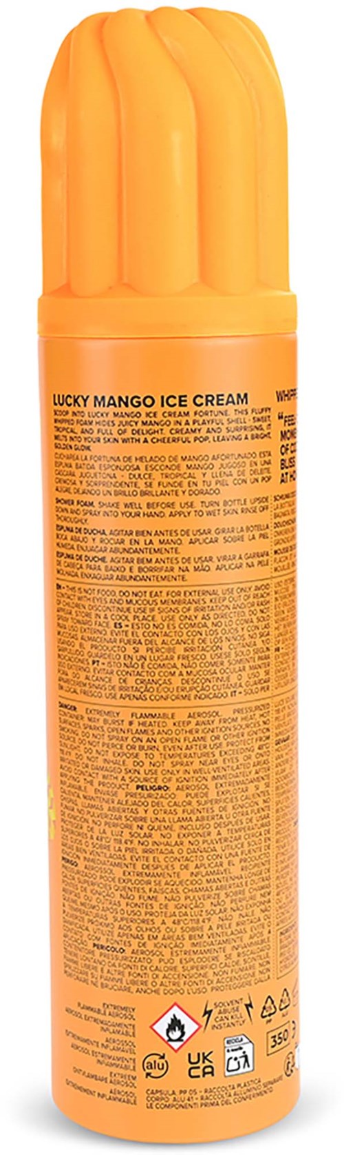 A can of Lucky Mango Ice Cream with a bright orange cap and label, detailed ingredients and warnings.