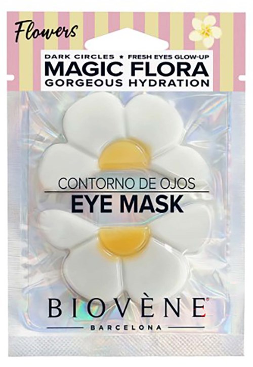 Ett paket ögonmasker formade som vita blommor med gula centra, märkt för återfuktning och lyster.