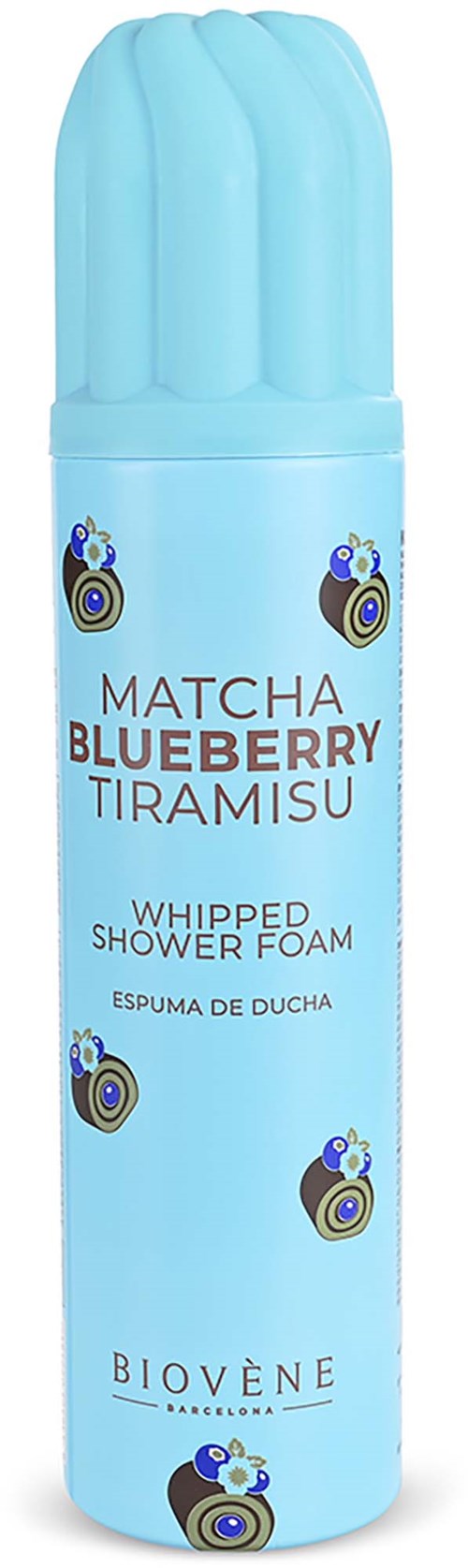 En lyseblå skummende dusjsåpeflaske med matcha, blåbær og tiramisu duftetiketter, dekorert med påfuglfjæremønster.