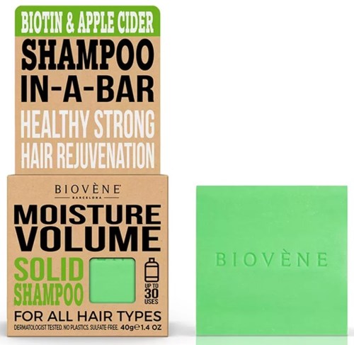 Box and green card for Biovène shampoo, highlighting hair benefits and suitability for all hair types.