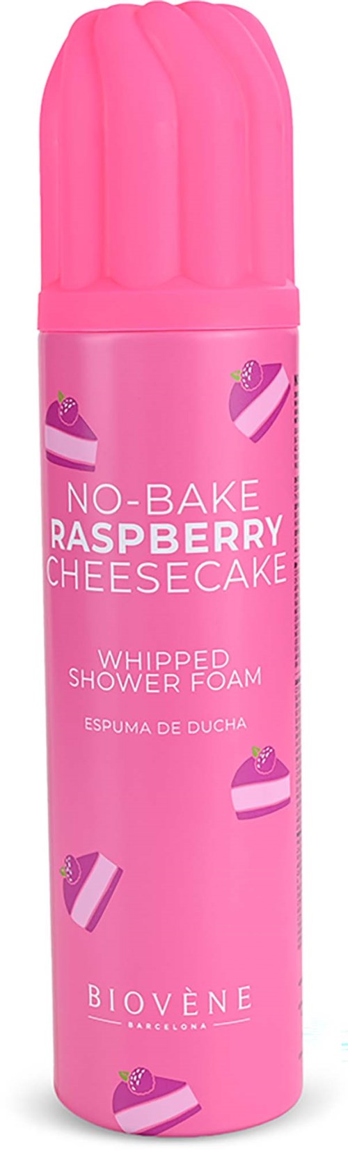 Pink can of raspberry cheesecake whipped shower foam with cake images and brand name.