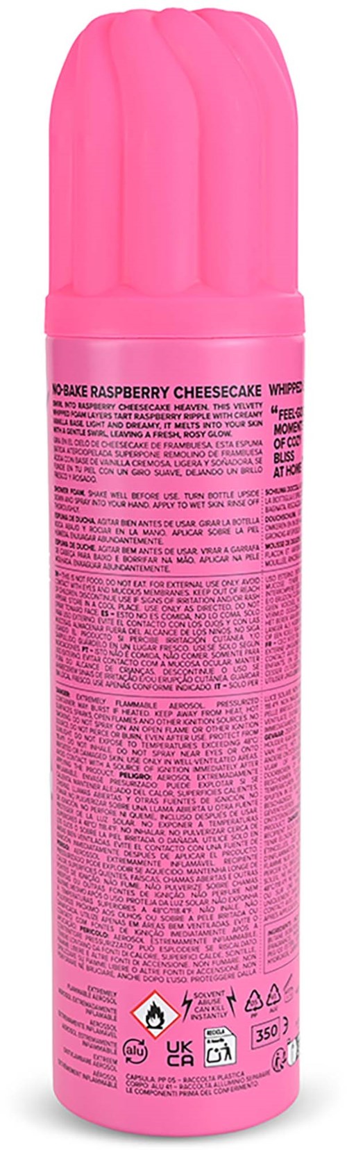 A pink bottle with a rounded top and many small company and safety symbols at the bottom.
