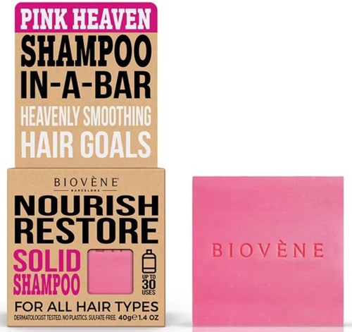 Two shampoo boxes and a pink box with the word 'Biovène' are shown. One box promotes solid shampoo for all hair types.