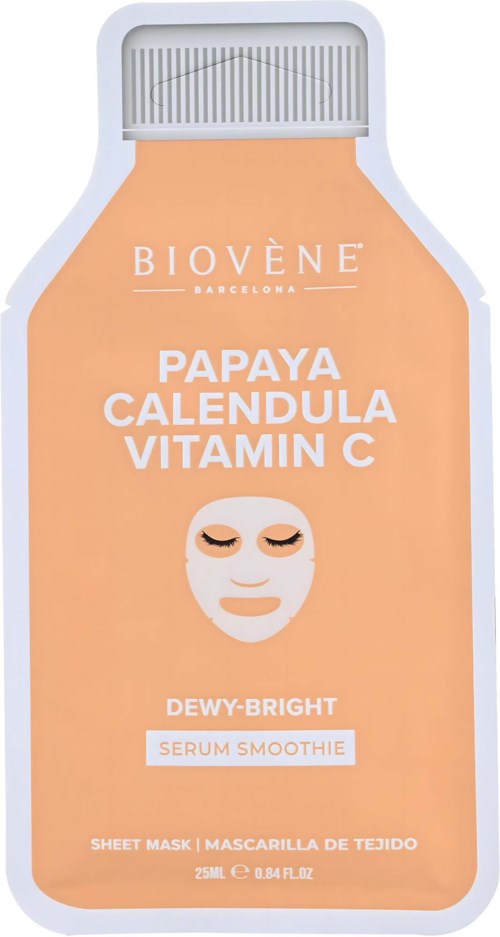 Etikett för en ansiktsmask i sheet-form med papaya, ringblomma och C-vitamin, med ansiktsillustration och produktinformation.