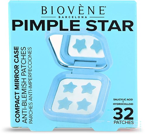 Blue packaging for pimple patches with four star-shaped patches inside and text about acid and patches.