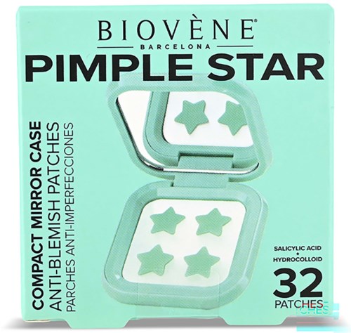 A mint-colored box contains Pimple Star patches with four star-shaped patches on a mirror case. It mentions anti-blemish and hydrocolloid.