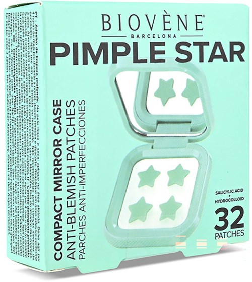 Teal green box with a mirror case, showing four star-shaped patches and the product name Pimple Star.
