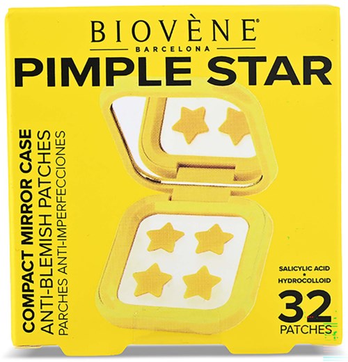 A yellow box of Biovène Pimple Star with 32 patches, designed for acne treatment, featuring a mirror case and star-shaped patches.