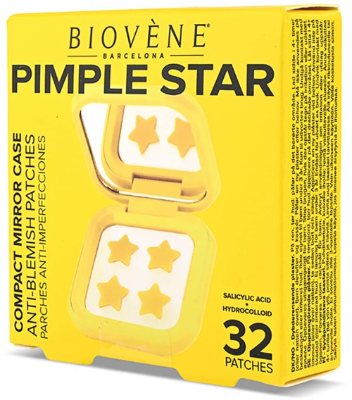 Bright yellow box shows a small case with four star patches inside for pimple treatment.
